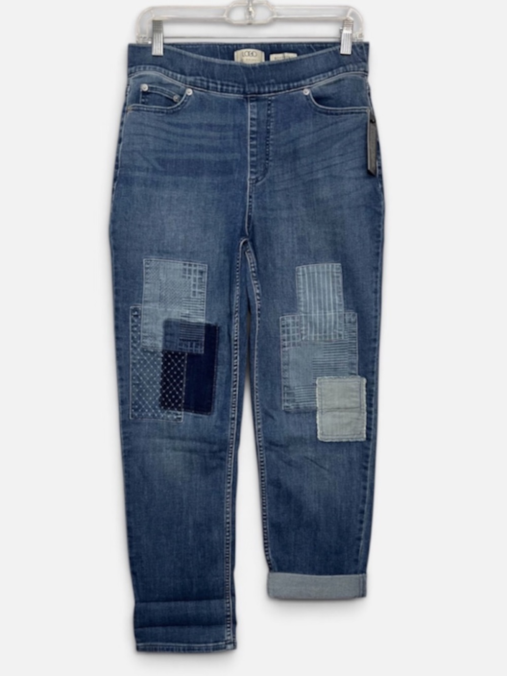 LOGO Lori Goldstein Patchwork Boyfriend Jeans Size 8 Pull On Indigo Blue NWT